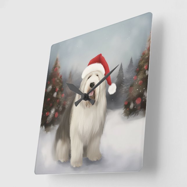 Old English Sheepdog in Snow Christmas Square Wall Clock (Angle)