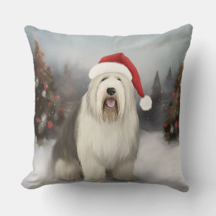 Old English Sheepdog in Snow Christmas Throw Pillow