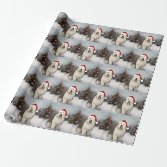 Old English Sheepdog in Snow Christmas Wrapping Paper (Unrolled)