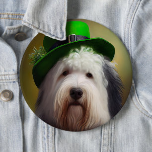 Old English Sheepdog in St. Patrick's Day Dress 6 Inch Round Button