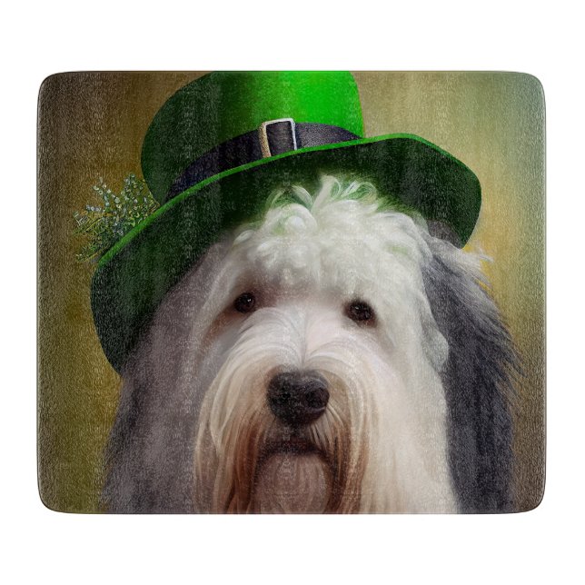 Old English Sheepdog in St. Patrick's Day Dress Cutting Board (Front)