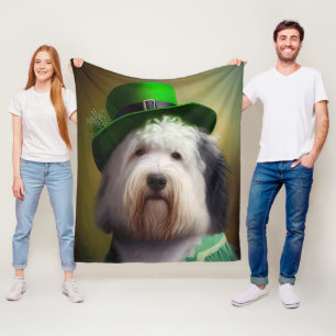 Old English Sheepdog in St. Patrick's Day Dress Fleece Blanket