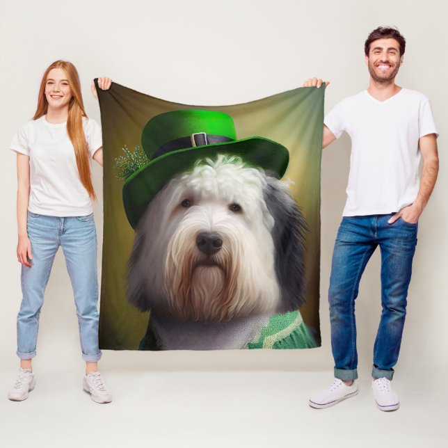 Old English Sheepdog in St. Patrick's Day Dress Fleece Blanket (In Situ)