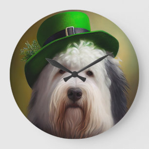 Old English Sheepdog in St. Patrick's Day Dress Large Clock