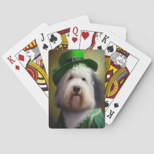 Old English Sheepdog in St. Patrick's Day Dress Playing Cards