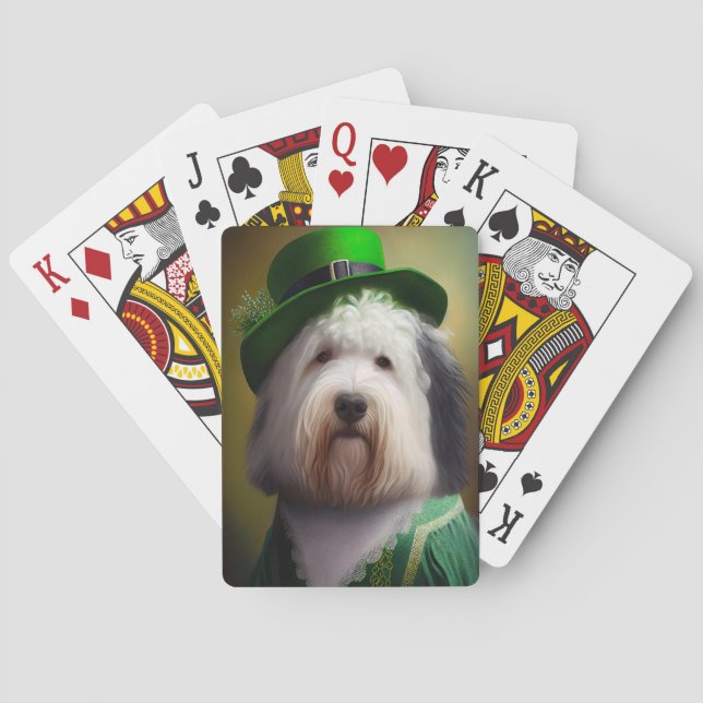 Old English Sheepdog in St. Patrick's Day Dress Playing Cards (Back)