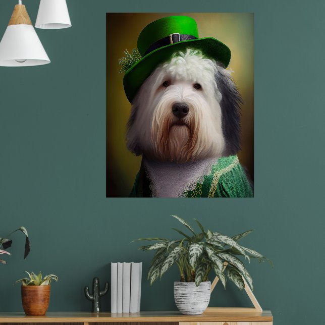Old English Sheepdog in St. Patrick's Day Dress Poster (Living Room 1)