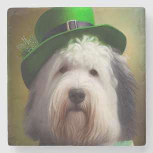 Old English Sheepdog in St. Patrick's Day Dress Stone Coaster