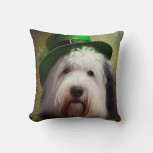 Old English Sheepdog in St. Patrick's Day Dress Throw Pillow