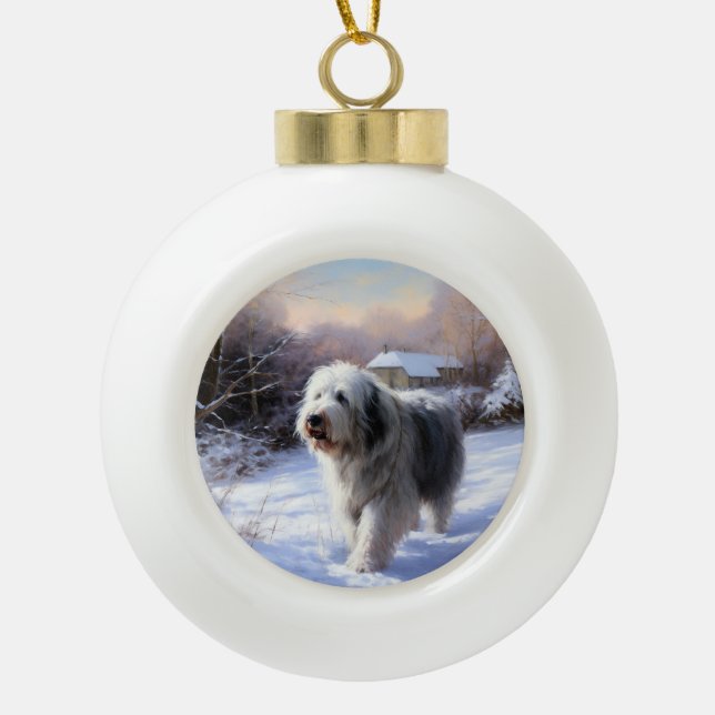 Old English Sheepdog Let It Snow Christmas Ceramic Ball Christmas Ornament (Front)