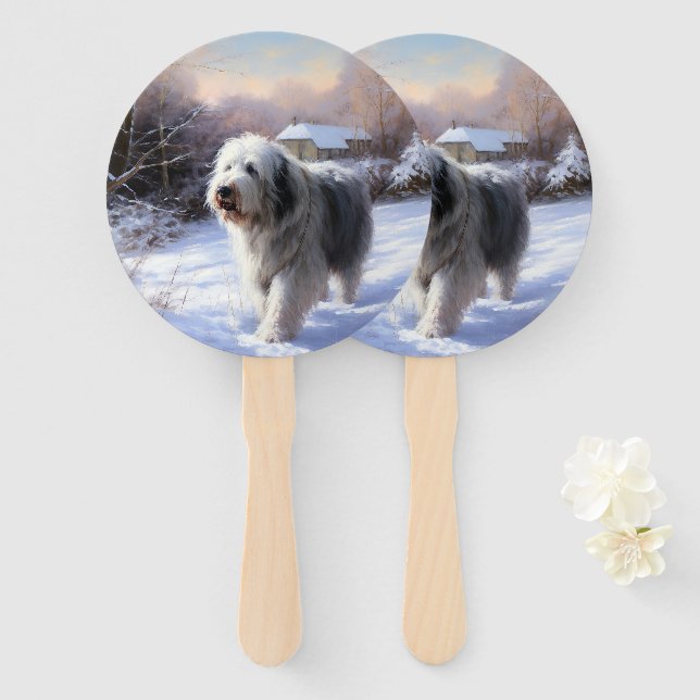 Old English Sheepdog Let It Snow Christmas Hand Fan (Front and Back)