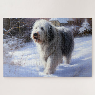 Old English Sheepdog Let It Snow Christmas Jigsaw Puzzle