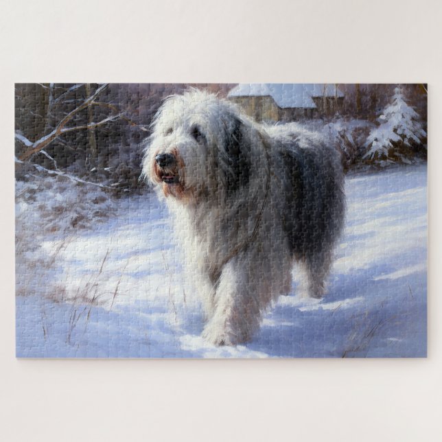 Old English Sheepdog Let It Snow Christmas Jigsaw Puzzle (Horizontal)