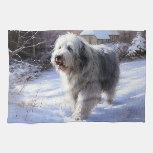 Old English Sheepdog Let It Snow Christmas Kitchen Towel (Horizontal)