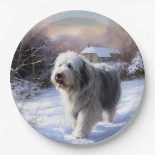 Old English Sheepdog Let It Snow Christmas Paper Plate
