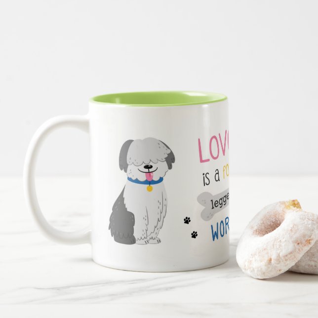 Old English Sheepdog Mug - cute dog lovers gift (With Donut)