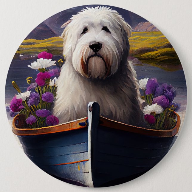 Old English Sheepdog on Paddle: A Scenic Adventure 6 Inch Round Button (Front)