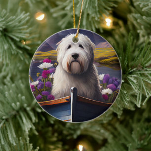 Old English Sheepdog on Paddle: A Scenic Adventure Ceramic Ornament