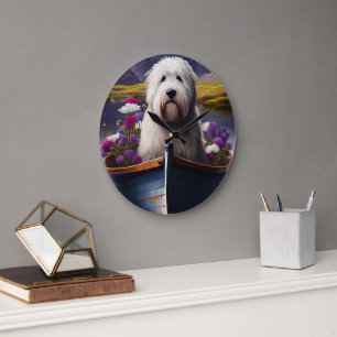 Old English Sheepdog on Paddle: A Scenic Adventure Large Clock