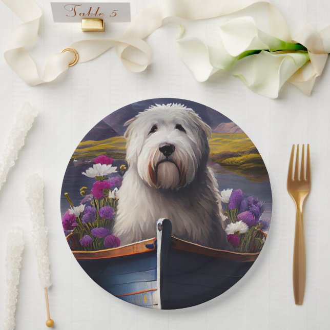 Old English Sheepdog on Paddle: A Scenic Adventure Paper Plate (Wedding)