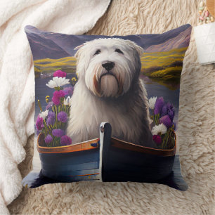 Old English Sheepdog on Paddle: A Scenic Adventure Throw Pillow