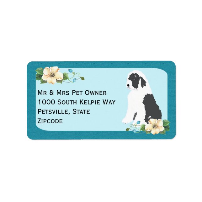 Old English Sheepdog on Turquoise Floral Label (Front)