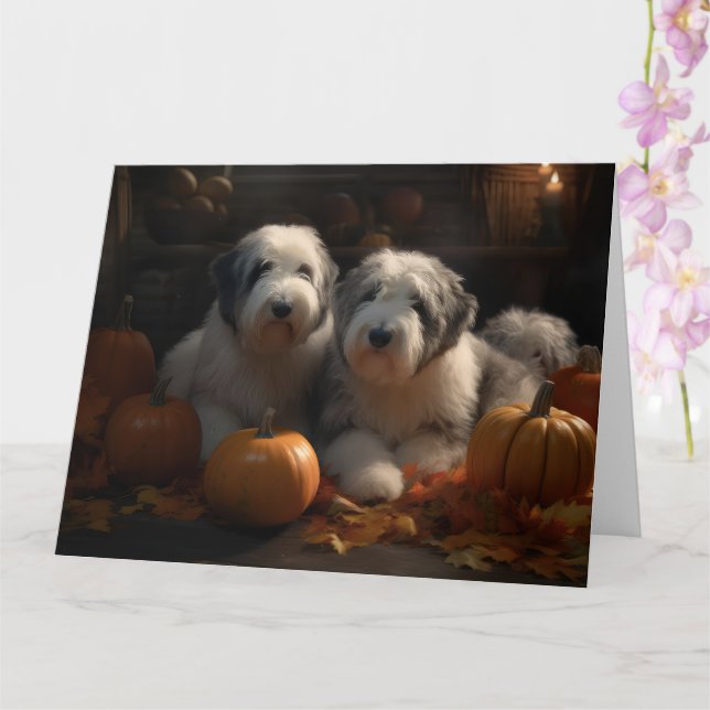 Old English Sheepdog Puppy Autumn Delight Pumpkin Card (Orchid)