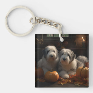 Old English Sheepdog Puppy Autumn Delight Pumpkin Keychain