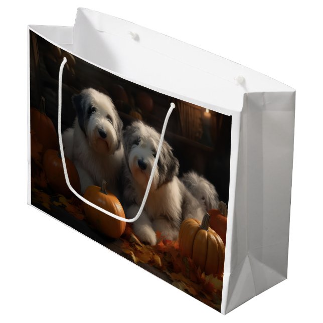 Old English Sheepdog Puppy Autumn Delight Pumpkin Large Gift Bag (Front Angled)