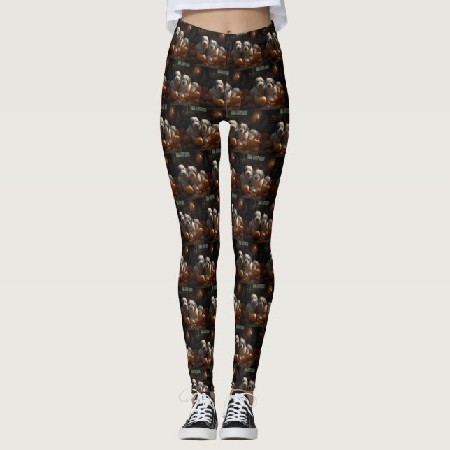 Old English Sheepdog Puppy Autumn Delight Pumpkin Leggings (Front)