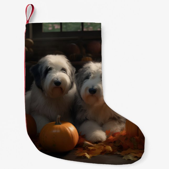 Old English Sheepdog Puppy Autumn Delight Pumpkin Small Christmas Stocking (Front)