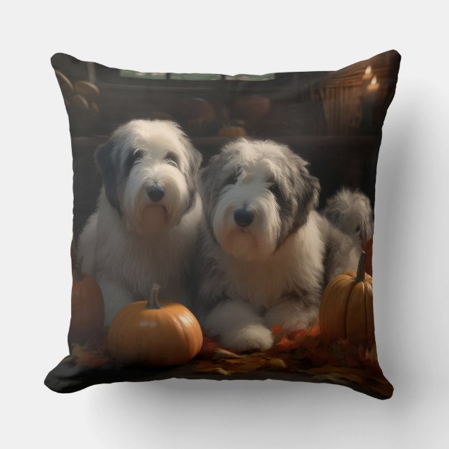 Old English Sheepdog Puppy Autumn Delight Pumpkin Throw Pillow (Front)