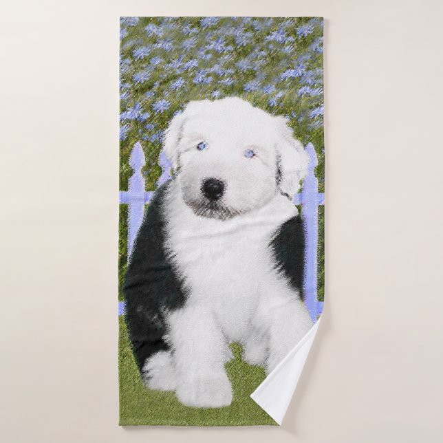 Old English Sheepdog Puppy Painting - Dog Art Bath Towel Set (Bath Towel)