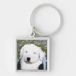 Old English Sheepdog Puppy Painting - Dog Art Keychain