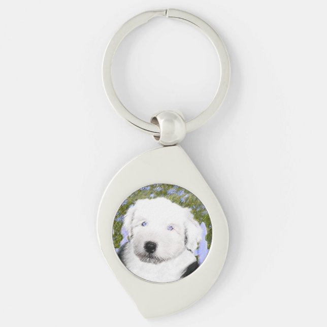 Old English Sheepdog Puppy Painting - Dog Art Keychain (Front)