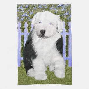 Old English Sheepdog Puppy Painting - Dog Art Kitchen Towel