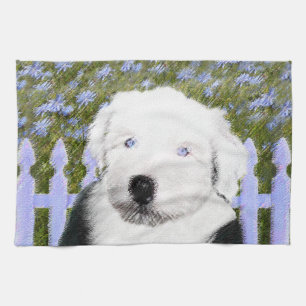 Old English Sheepdog Puppy Painting - Dog Art Kitchen Towel
