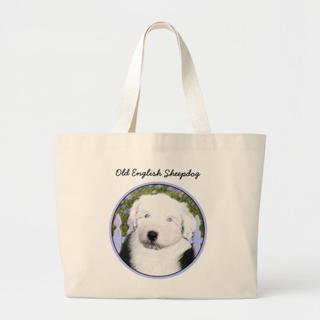 Old English Sheepdog Puppy Painting - Dog Art Large Tote Bag (Front)