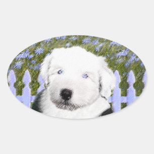 Old English Sheepdog Puppy Painting - Dog Art Oval Sticker