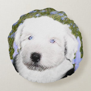 Old English Sheepdog Puppy Painting - Dog Art Round Pillow
