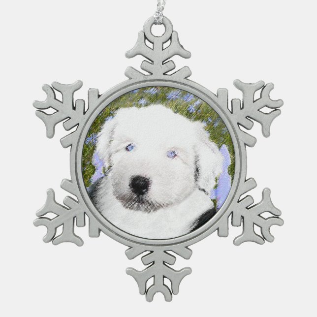 Old English Sheepdog Puppy Painting - Dog Art Snowflake Pewter Christmas Ornament (Front)