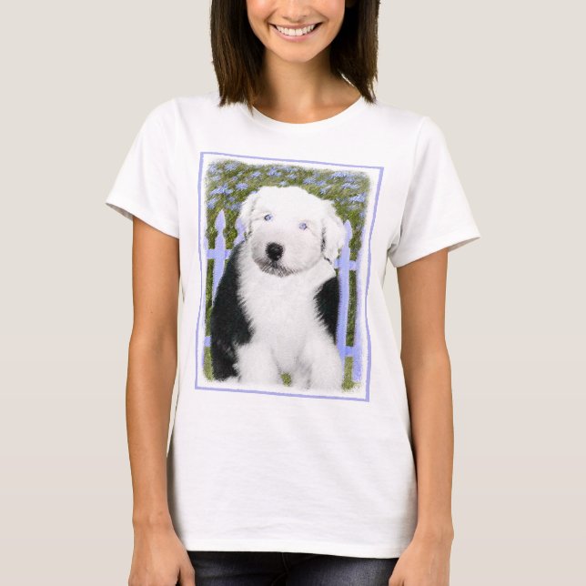 Old English Sheepdog Puppy Painting - Dog Art T-Shirt (Front)