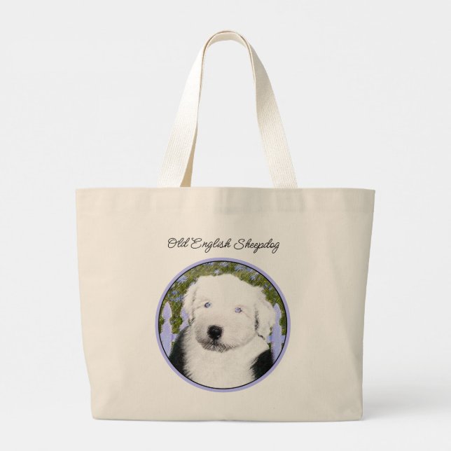 Old English Sheepdog Puppy Painting Pet Dog Art Large Tote Bag (Back)