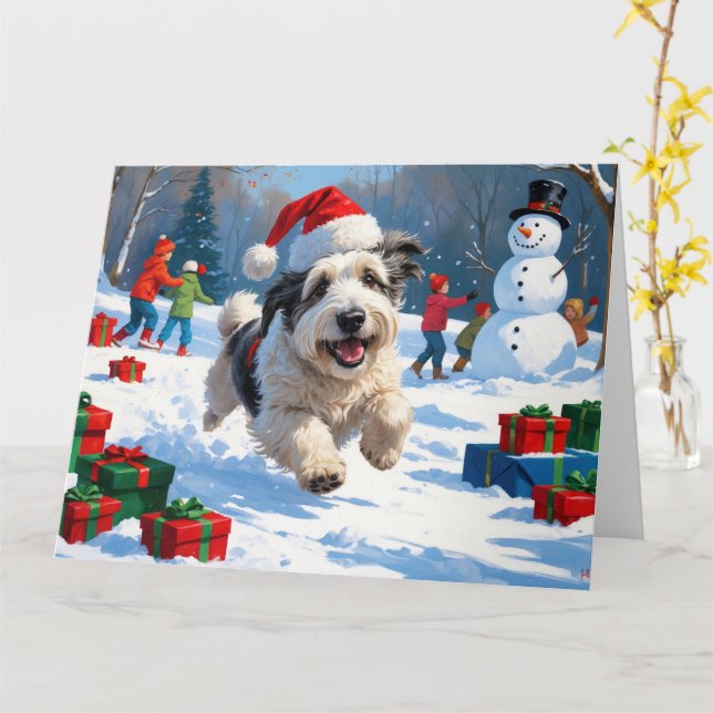 Old English Sheepdog Running in Snow Christmas Hat Card (Yellow Flower)