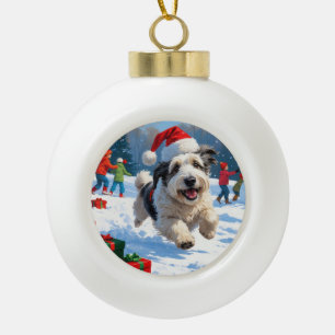 Old English Sheepdog Running in Snow Christmas Hat Ceramic Ball Christmas Ornament