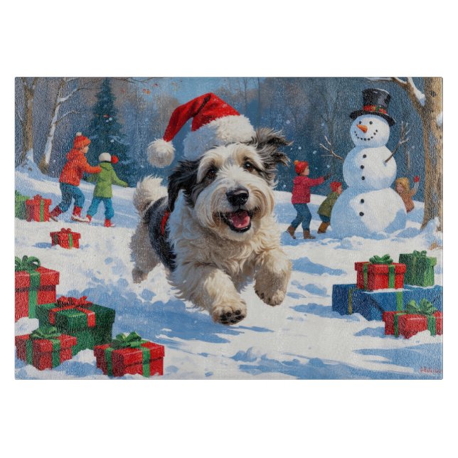 Old English Sheepdog Running in Snow Christmas Hat Cutting Board (Front)