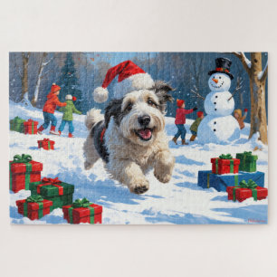 Old English Sheepdog Running in Snow Christmas Hat Jigsaw Puzzle