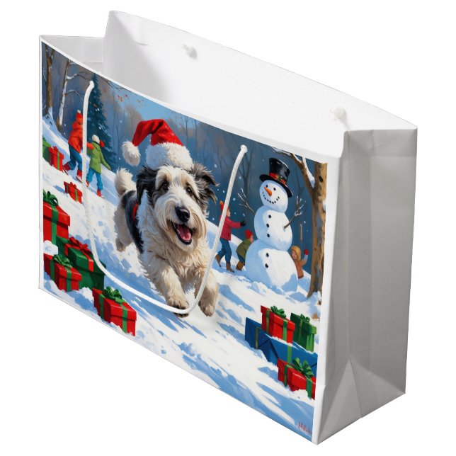 Old English Sheepdog Running in Snow Christmas Hat Large Gift Bag (Front Angled)