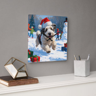 Old English Sheepdog Running in Snow Christmas Hat Square Wall Clock