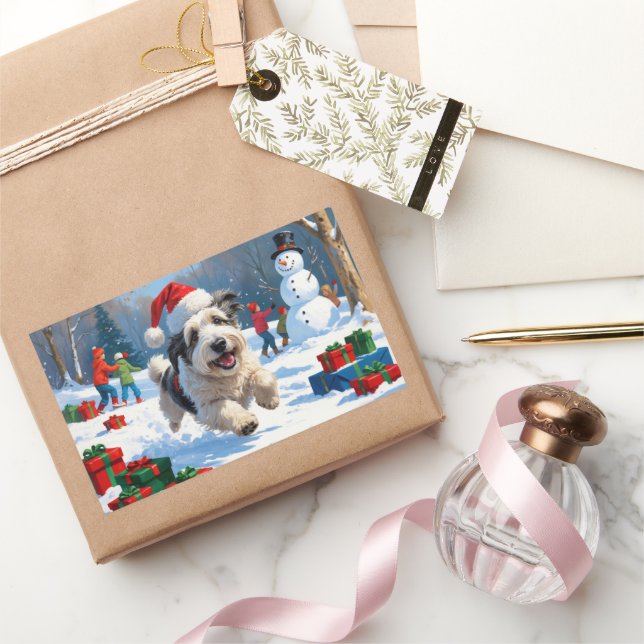 Old English Sheepdog Running in Snow Christmas Hat Sticker (Gifting)